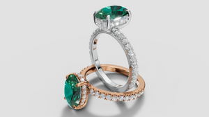 Emerald Green Solitaire Diamond Ring in 925 Silver & Rose Gold Finish