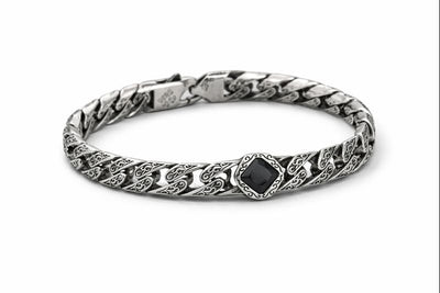 925 Sterling Silver Oxidised Chain Bracelet with Black Stone | Luxury Men’s Bracelet – GLOVI