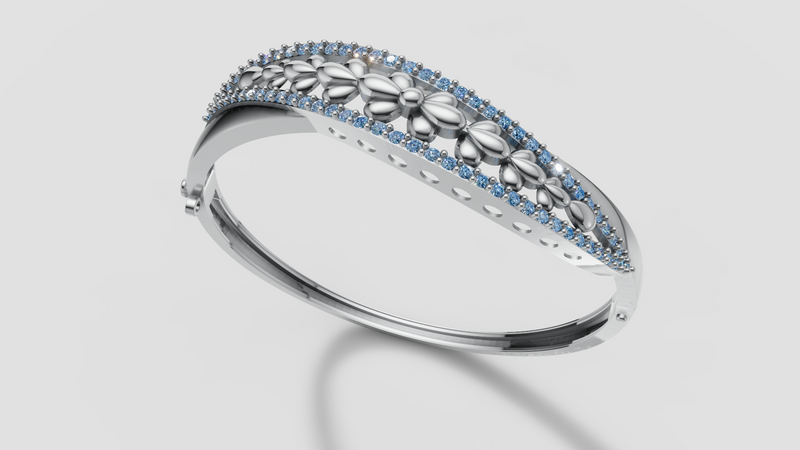 Floral Blue Stone Bangle Bracelet in 925 Sterling Silver