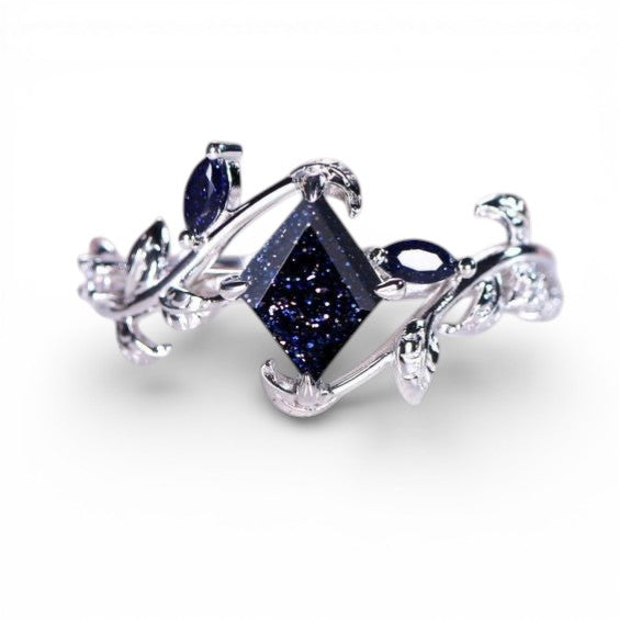 Dark Blue Crystal Leaf Ring for Women | Luxury Silver Vine Design Ring – GLOVI